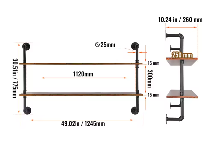 Industriële Wandplank – 3-Lagen Opslagrek van Metaal & Hout