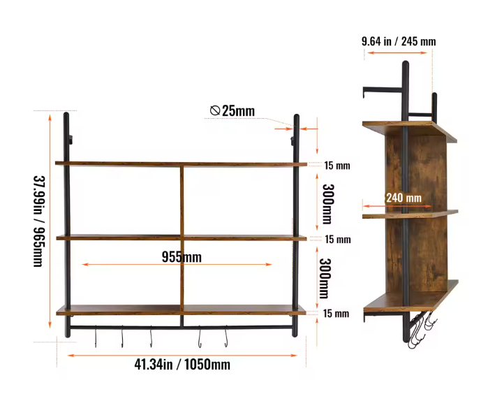 Industriële Wandplank – 3-Lagen Opslagrek van Metaal & Hout