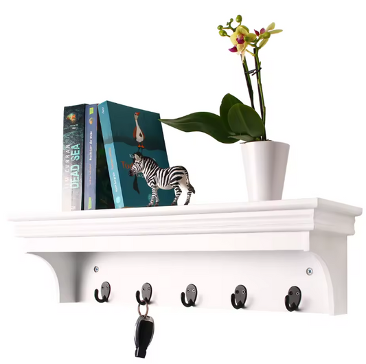 Wandplank met 5 Haken – MDF Wandrek voor Badkamer, Hal & Woonkamer