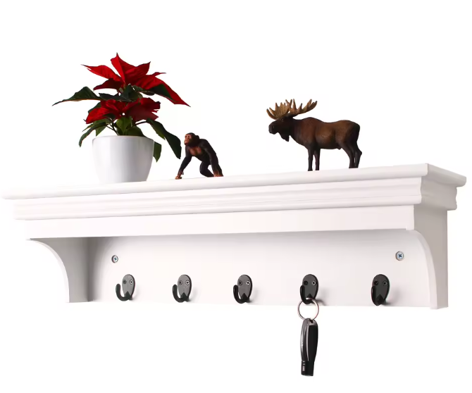 Wandplank met 5 Haken – MDF Wandrek voor Badkamer, Hal & Woonkamer