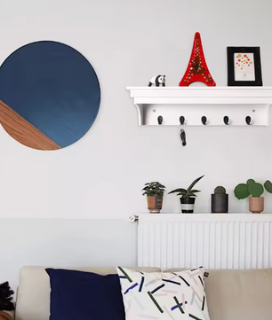 Wandplank met 5 Haken – MDF Wandrek voor Badkamer, Hal & Woonkamer