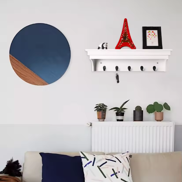 Wandplank met 5 Haken – MDF Wandrek voor Badkamer, Hal & Woonkamer
