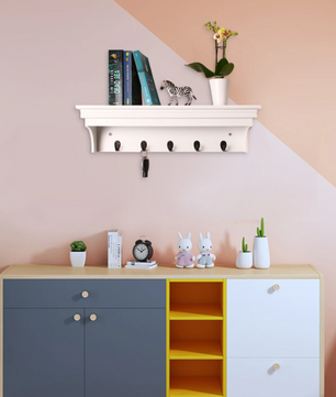 Wandplank met 5 Haken – MDF Wandrek voor Badkamer, Hal & Woonkamer