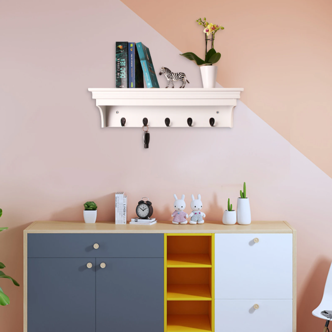 Wandplank met 5 Haken – MDF Wandrek voor Badkamer, Hal & Woonkamer