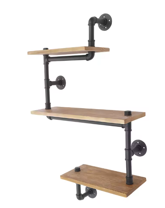 Wandrek met 3 Lagen – Houten Planken & Metalen Frame, Industrieel Design