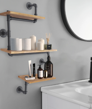 Wandrek met 3 Lagen – Houten Planken & Metalen Frame, Industrieel Design