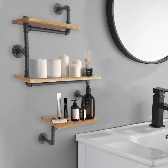 Wandrek met 3 Lagen – Houten Planken & Metalen Frame, Industrieel Design