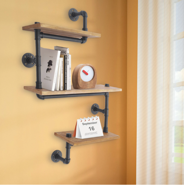 Wandrek met 3 Lagen – Houten Planken & Metalen Frame, Industrieel Design