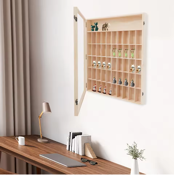 Wandkast met 6 Lagen – Houten Display Cabinet met Acryl Deur, 50 Vakken