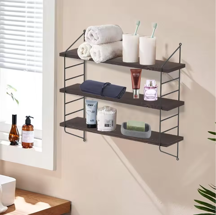 3-Lagen Industrieel Wandrek – Verstelbare Houten Planken & Metalen Frame