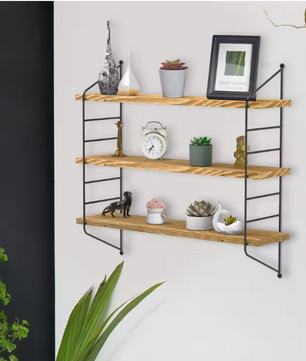 3-Lagen Industrieel Wandrek – Verstelbare Houten Planken & Metalen Frame