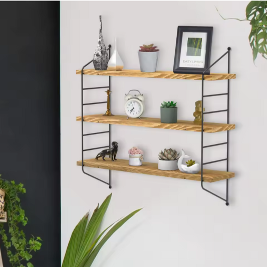 3-Lagen Industrieel Wandrek – Verstelbare Houten Planken & Metalen Frame
