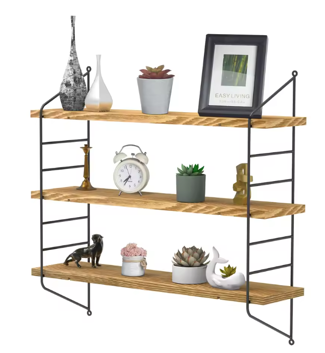 3-Lagen Industrieel Wandrek – Verstelbare Houten Planken & Metalen Frame