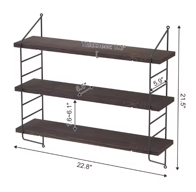 3-Lagen Industrieel Wandrek – Verstelbare Houten Planken & Metalen Frame