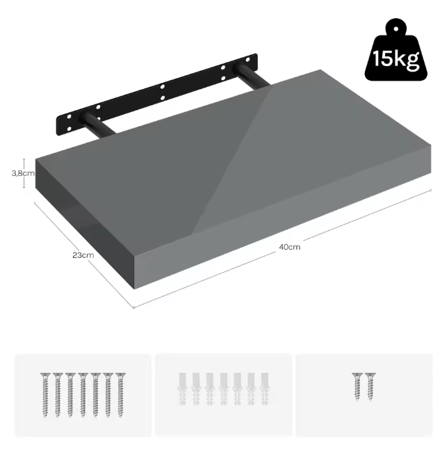 Wandplank Zwevend – MDF Glossy Grijs met Verborgen Beugel, 15kg Draagkracht