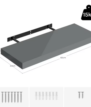 Wandplank Zwevend – MDF Glossy Grijs met Verborgen Beugel, 15kg Draagkracht
