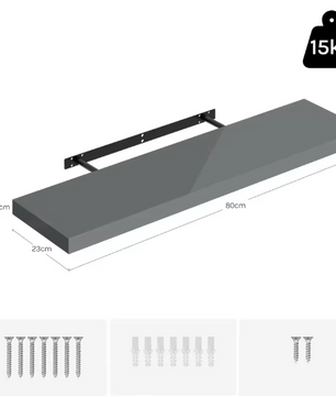 Wandplank Zwevend – MDF Glossy Grijs met Verborgen Beugel, 15kg Draagkracht