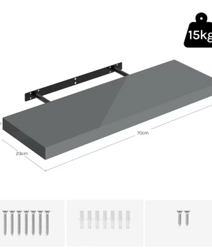 Wandplank Zwevend – MDF Glossy Grijs met Verborgen Beugel, 15kg Draagkracht