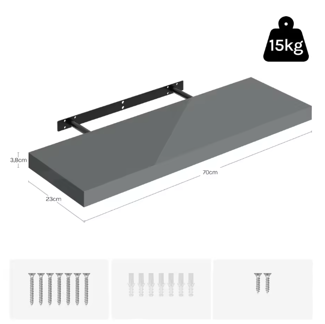 Wandplank Zwevend – MDF Glossy Grijs met Verborgen Beugel, 15kg Draagkracht