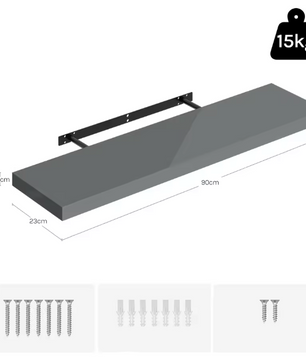 Wandplank Zwevend – MDF Glossy Grijs met Verborgen Beugel, 15kg Draagkracht