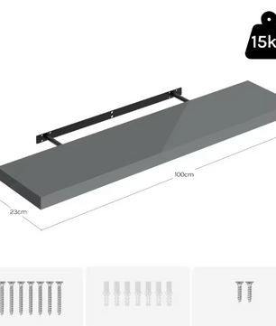 Wandplank Zwevend – MDF Glossy Grijs met Verborgen Beugel, 15kg Draagkracht