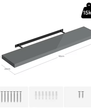 Wandplank Zwevend – MDF Glossy Grijs met Verborgen Beugel, 15kg Draagkracht