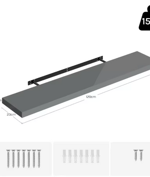 Wandplank Zwevend – MDF Glossy Grijs met Verborgen Beugel, 15kg Draagkracht