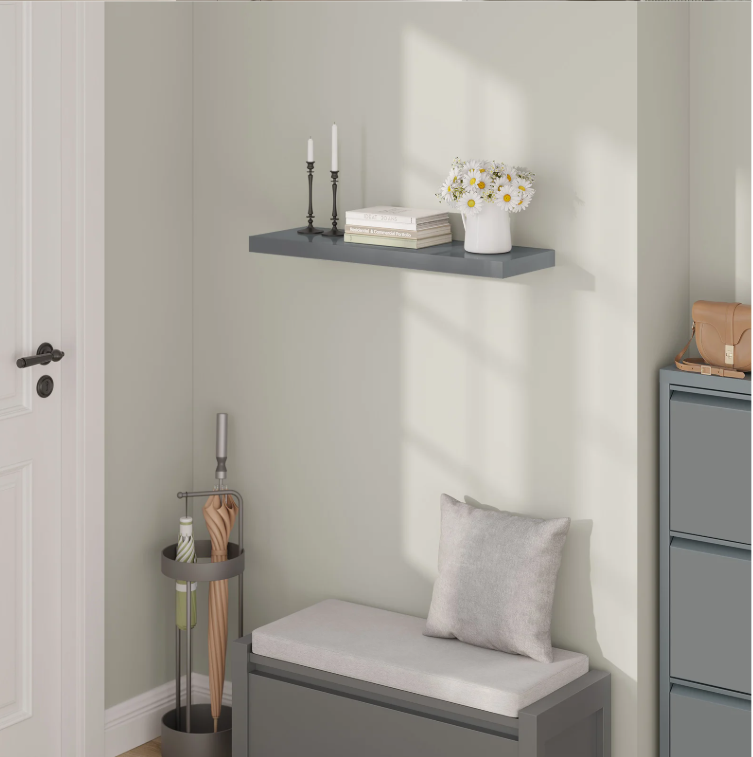Wandplank Zwevend – MDF Glossy Grijs met Verborgen Beugel, 15kg Draagkracht