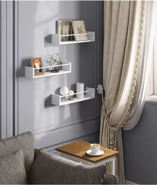 Set van 3 Zwevende Wandplanken – MDF Wit met IJzeren Steun, Modern & Ruimtebesparend