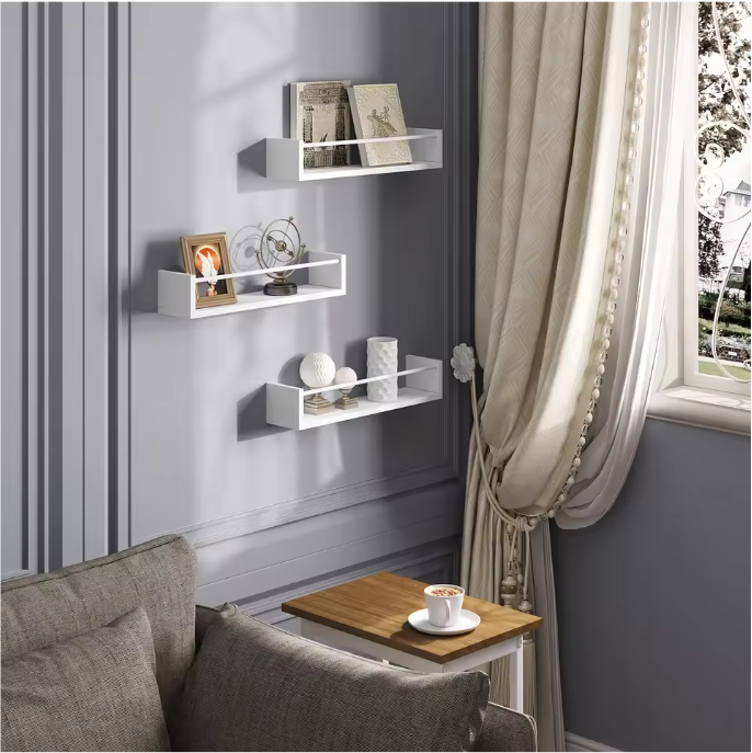 Set van 3 Zwevende Wandplanken – MDF Wit met IJzeren Steun, Modern & Ruimtebesparend