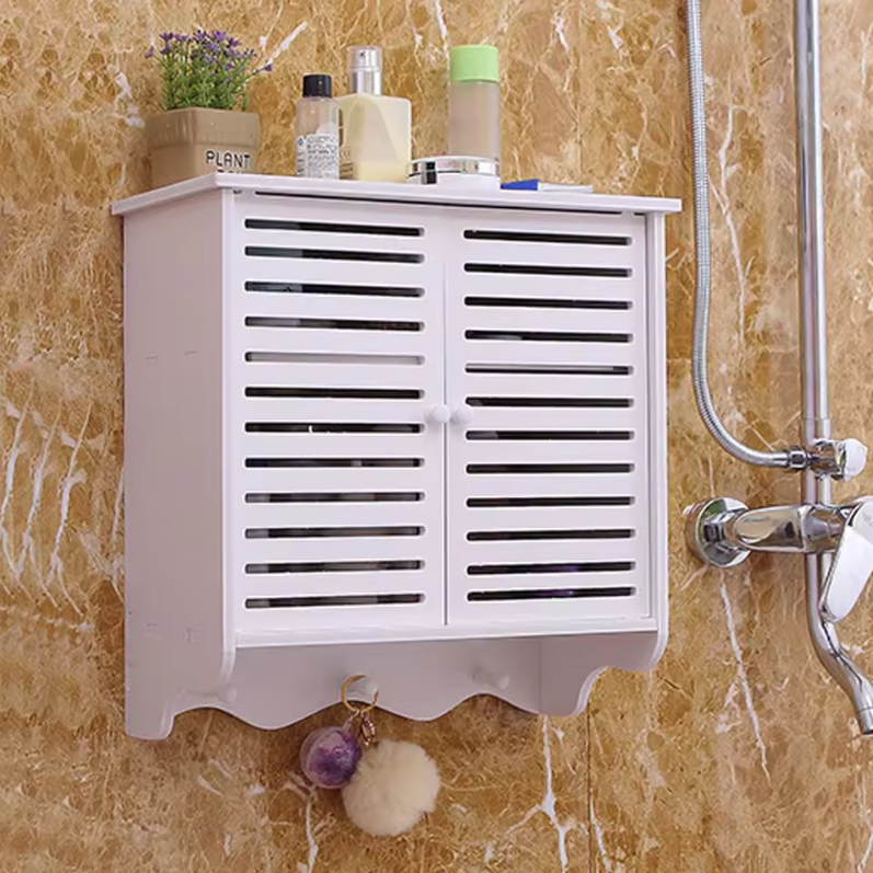 2-Laags Wandkast – Wit PVC Wandrek met Deuren & 3 Haken, Badkamer & Keuken
