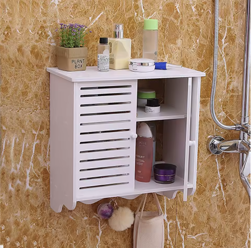 2-Laags Wandkast – Wit PVC Wandrek met Deuren & 3 Haken, Badkamer & Keuken