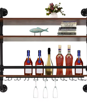 Industriële Wand Wijnrek – 3-Lagen Houten & Metalen Flessenrek, 92 cm