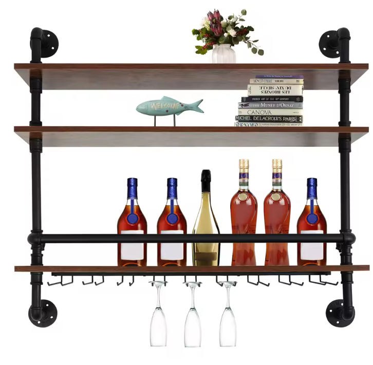 Industriële Wand Wijnrek – 3-Lagen Houten & Metalen Flessenrek, 92 cm