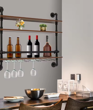 Industriële Wand Wijnrek – 3-Lagen Houten & Metalen Flessenrek, 92 cm