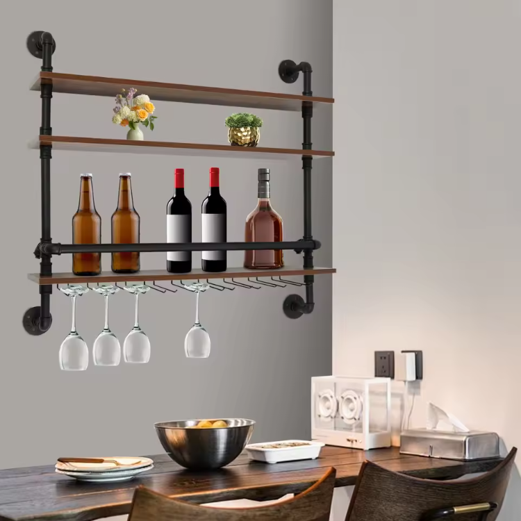 Industriële Wand Wijnrek – 3-Lagen Houten & Metalen Flessenrek, 92 cm
