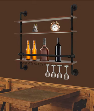 Industriële Wand Wijnrek – 3-Lagen Houten & Metalen Flessenrek, 92 cm