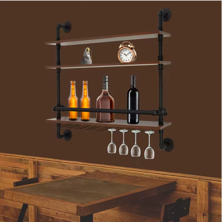 Industriële Wand Wijnrek – 3-Lagen Houten & Metalen Flessenrek, 92 cm