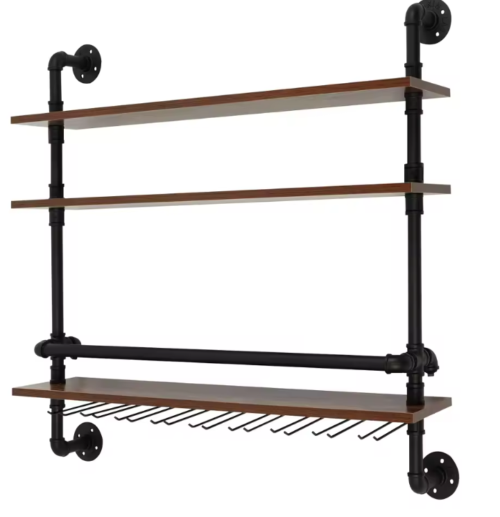 Industriële Wand Wijnrek – 3-Lagen Houten & Metalen Flessenrek, 92 cm