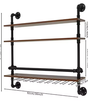 Industriële Wand Wijnrek – 3-Lagen Houten & Metalen Flessenrek, 92 cm