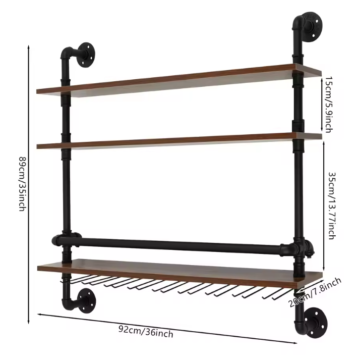 Industriële Wand Wijnrek – 3-Lagen Houten & Metalen Flessenrek, 92 cm