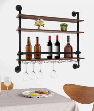 Industriële Wand Wijnrek – 3-Lagen Houten & Metalen Flessenrek, 92 cm