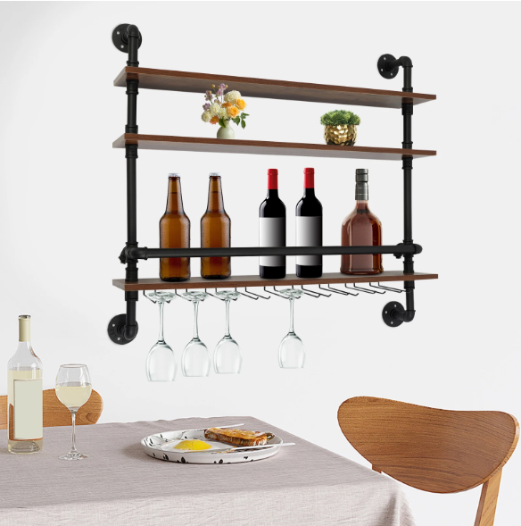 Industriële Wand Wijnrek – 3-Lagen Houten & Metalen Flessenrek, 92 cm