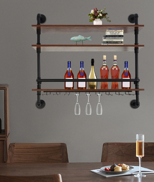 Industriële Wand Wijnrek – 3-Lagen Houten & Metalen Flessenrek, 92 cm