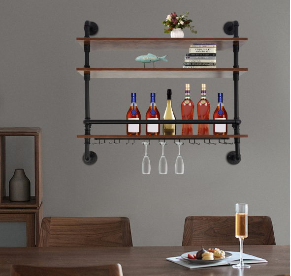 Industriële Wand Wijnrek – 3-Lagen Houten & Metalen Flessenrek, 92 cm