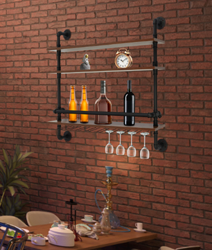 Industriële Wand Wijnrek – 3-Lagen Houten & Metalen Flessenrek, 92 cm