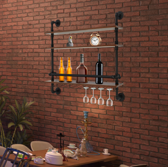 Industriële Wand Wijnrek – 3-Lagen Houten & Metalen Flessenrek, 92 cm