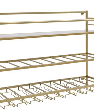 Industriële Wand Wijnrek – 3-Lagen Flessenrek met Glashouder, Goud