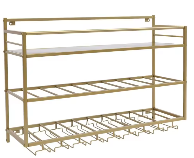 Industriële Wand Wijnrek – 3-Lagen Flessenrek met Glashouder, Goud