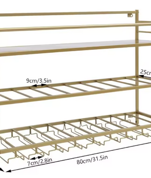 Industriële Wand Wijnrek – 3-Lagen Flessenrek met Glashouder, Goud